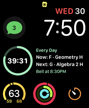 Apple Watch face with BellSync complications showing the current class, next class, and countdown