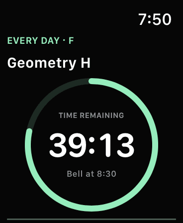 BellSync Apple Watch app showing Geometry H and time remaining